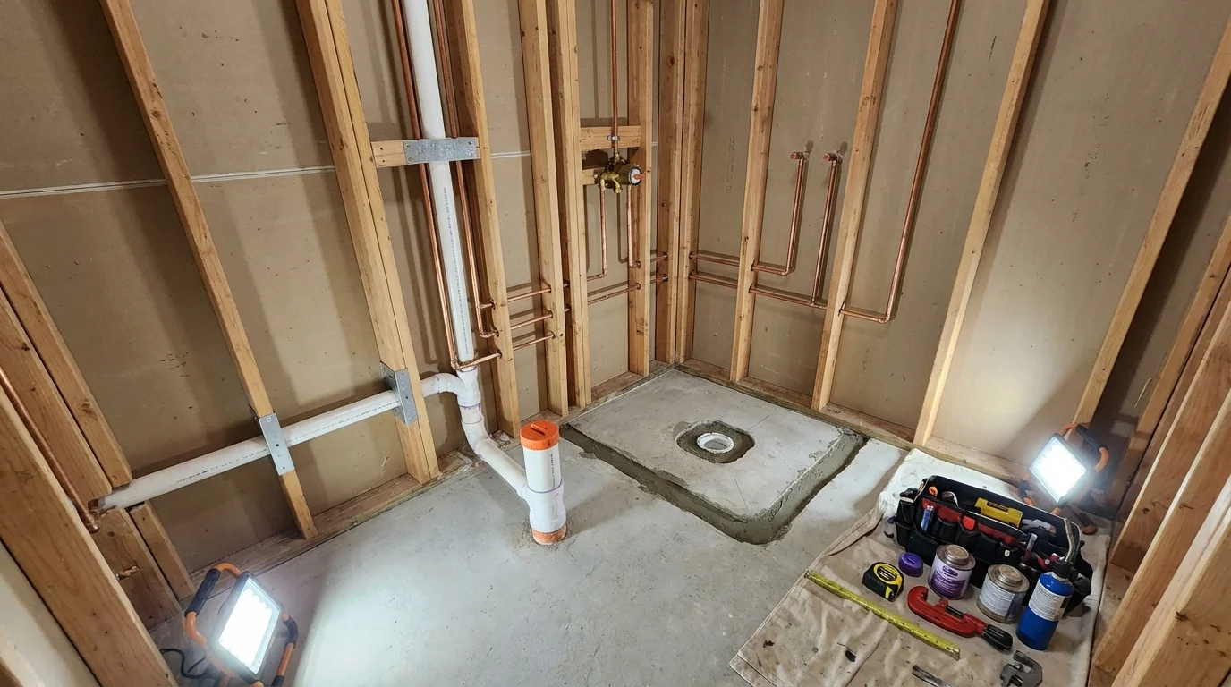 Bathroom rough-in plumbing during remodel by Johns Plumbing LLC in Franklin Furnace