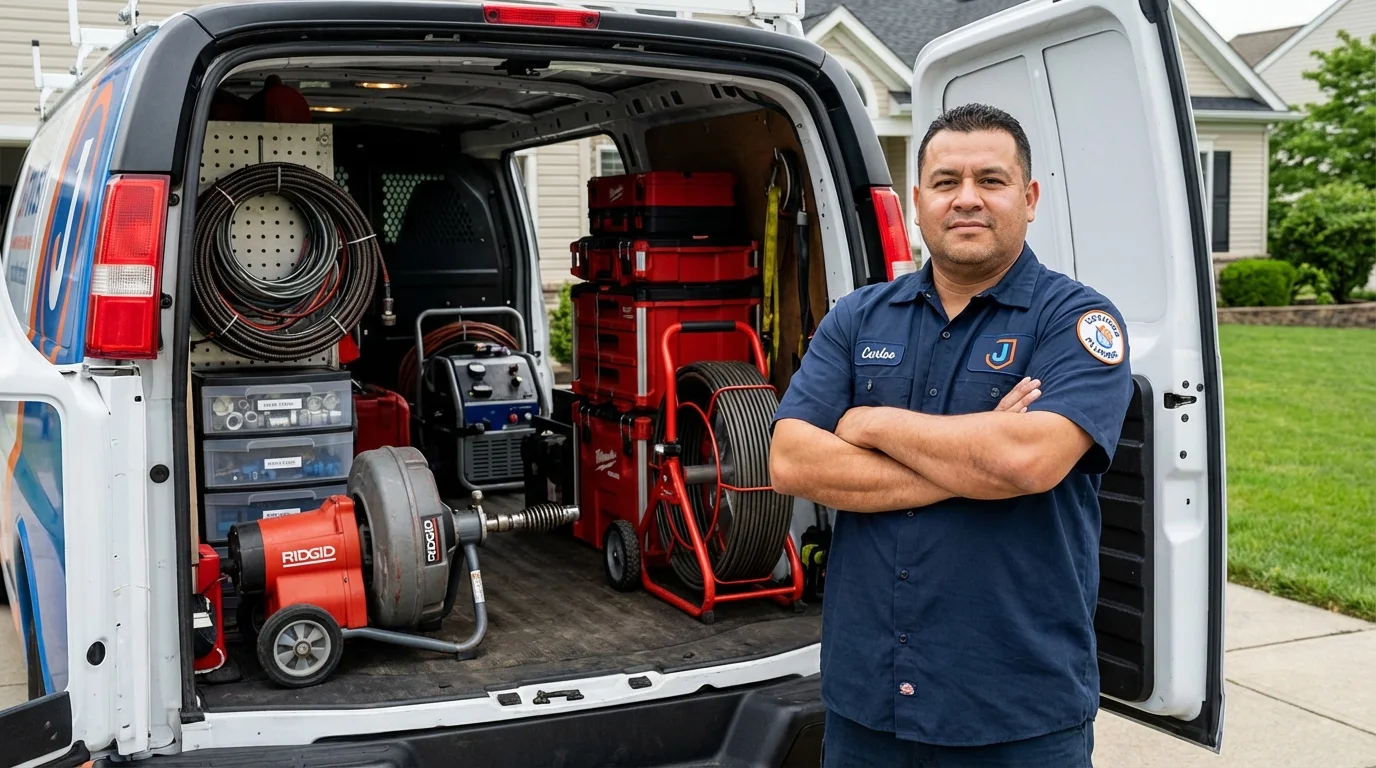 Professional drain cleaning equipment and Johns Plumbing LLC plumber in Franklin Furnace