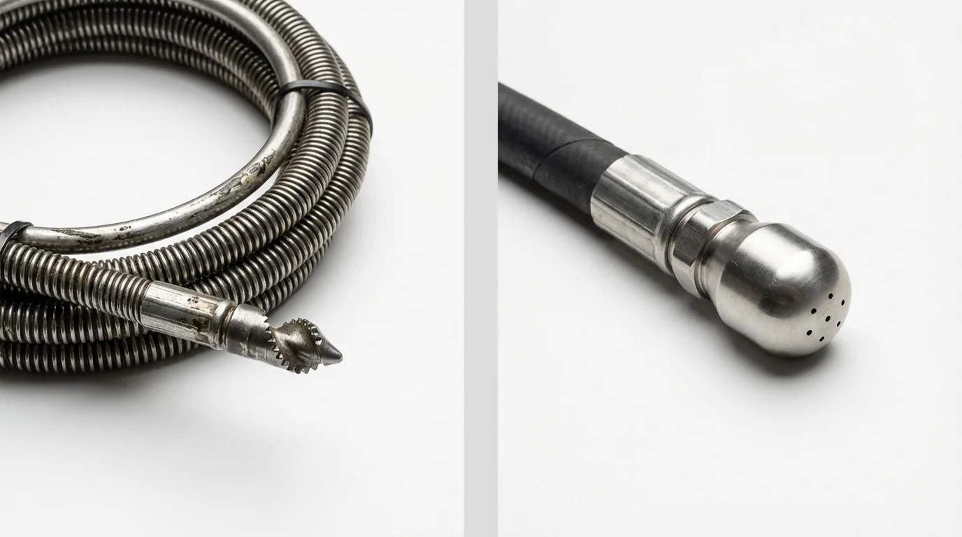 Drain snake cable and hydro jetting nozzle used for drain cleaning in Franklin Furnace, OH