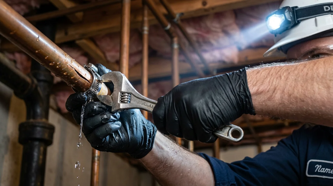 Emergency pipe clamp repair being performed by a Johns Plumbing LLC plumber in Franklin Furnace