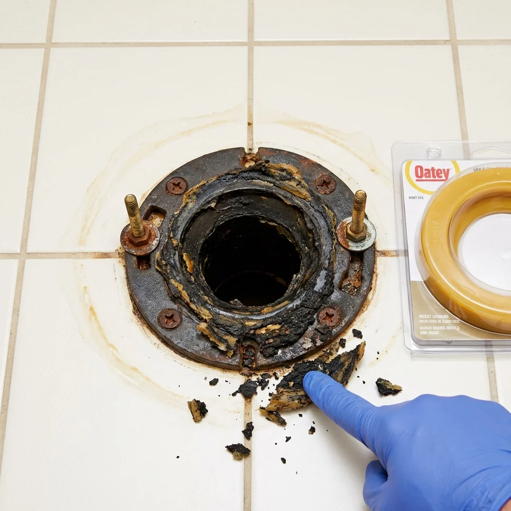 Failed wax ring showing water seepage at the base of a toilet in a Franklin Furnace, OH home