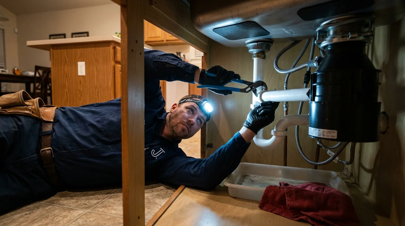 P-trap and supply line connections under a kitchen sink showing a common leak point in Franklin Furnace, OH